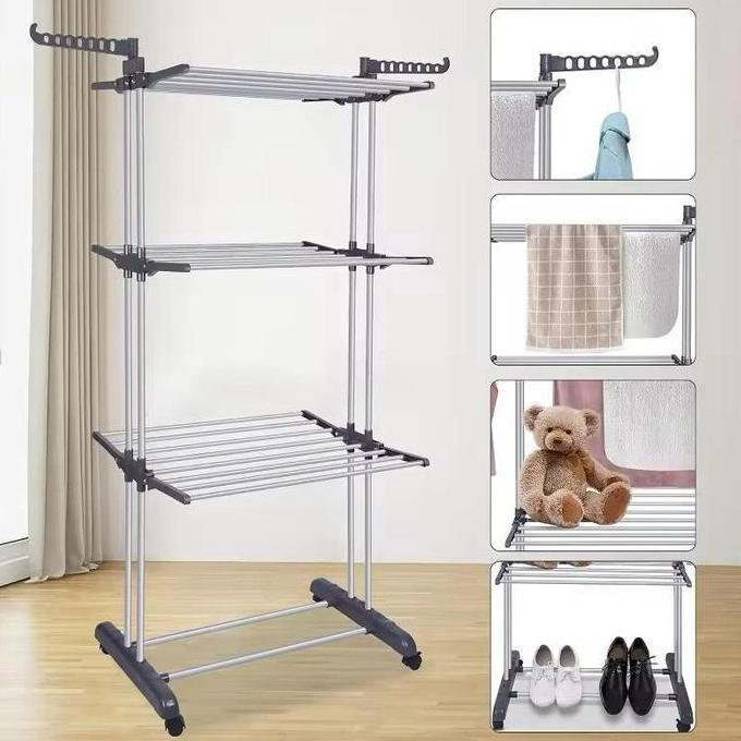 Rak Jemuran Lipat Baju Pakaian Stainless Steel 4 Susun Jemuran Handuk Rak Handuk Jemuran Portable Se