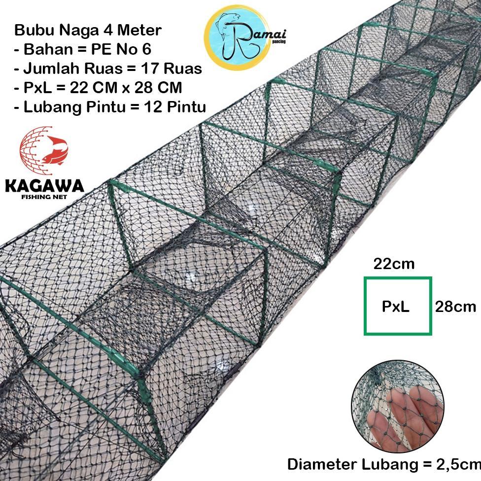 READYGan- Jaring Bubu Naga 4 Meter Kagawa Fishing Net Jaring Udang 12 Lubang Bahan PE 17 Ruas Ramai 
