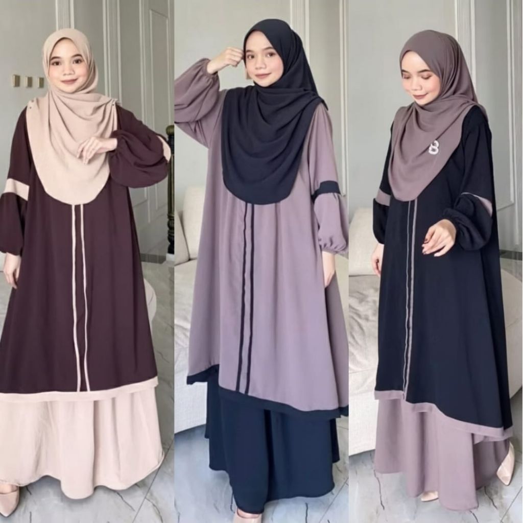 Oneset Nayyara Setelan Rok tunik Syar’i Jumbo Ld 120 Set Tunik Malaya Terbaru