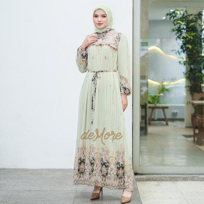 Demore Gamis Kavina Maxi Rempel Pleats Kekinian - Abaya Plisket Elegan Motif Bunga Tabur - Dress Rem
