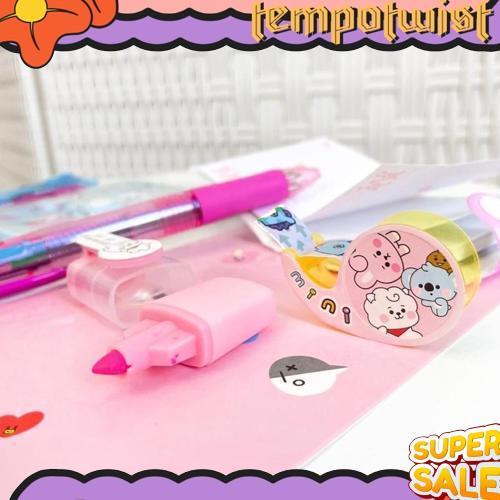 1 Set Alat Tulis 4in1 Buku Pulpen Highlighter Tape BTS Notebook BT21 Murah Baru