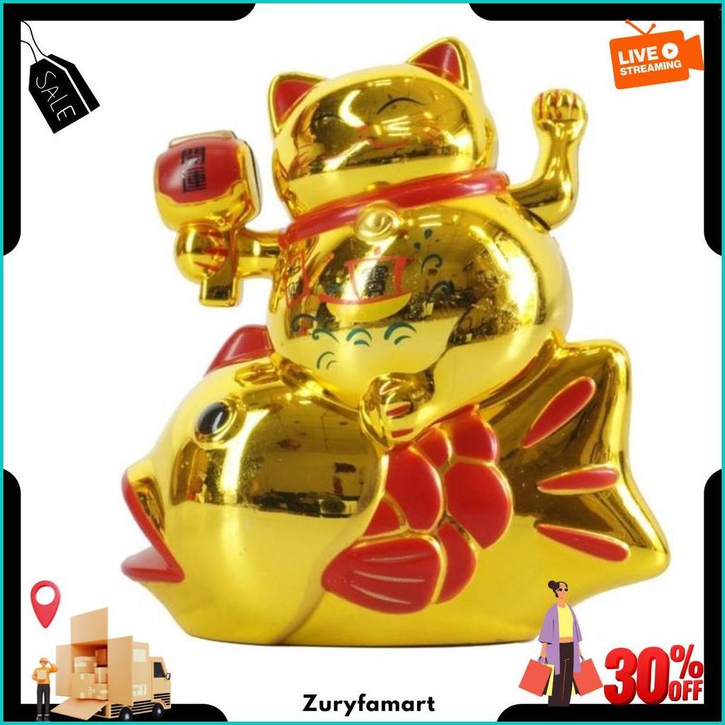 Patung Kucing Ikan Maneki Neko 16 Cm Besar Emas Merah Beruntung Lucky Cat Cod