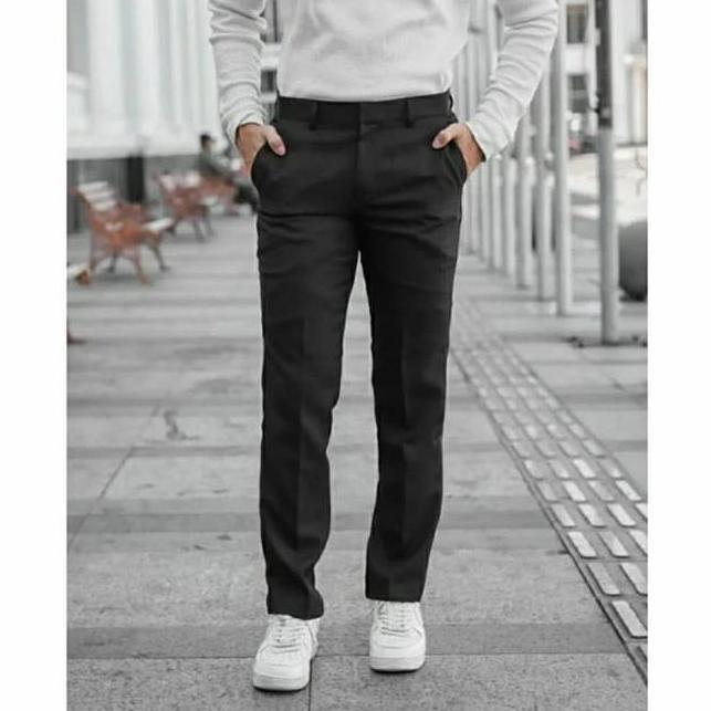 Celana Formal Kantor Kerja Bahan Pria Slim Fit Kain Wool Hitam Panjang