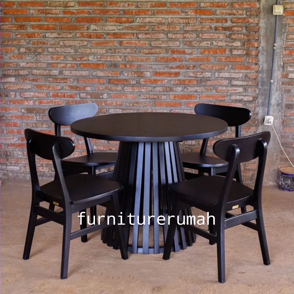 meja makan bulat 4 kursi kayu jati minimalis, set meja makan bulat 4 kursi kayu jati