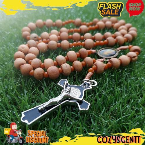 Kalung Rosario Cendana 77 Bapa Kami Kayu 8mm Katolik Aksesoris Souvenir Salib Pria Wanita Tali Murah