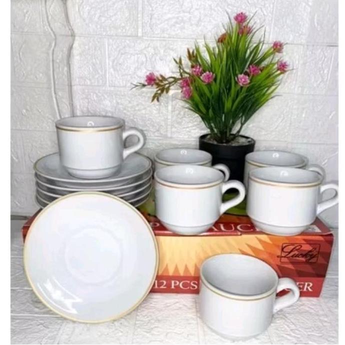 Cangkir  Set keramik.putih   List Mas/Cangkir Kopi (6 cangkir + 6 pisin