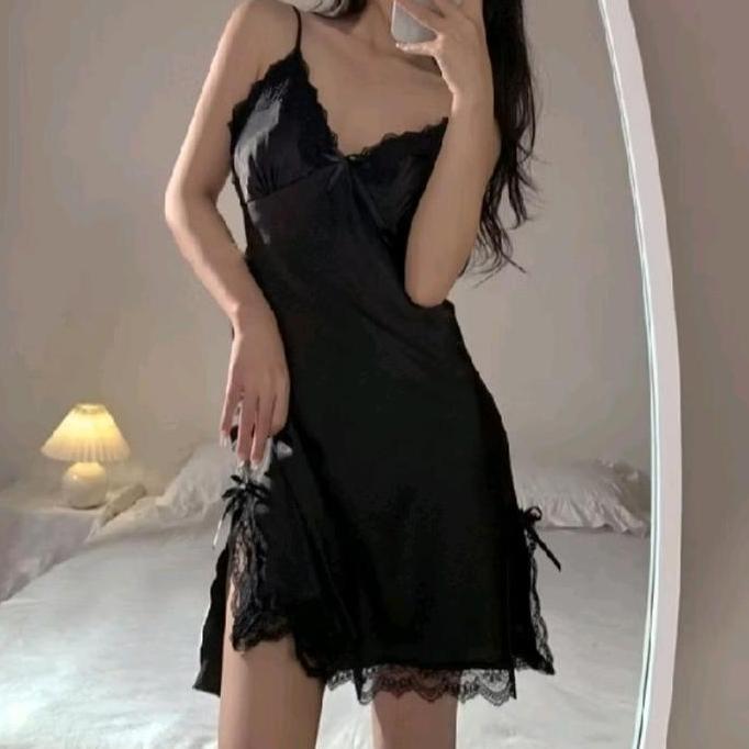Upap- Lingerie Baju Tidur Dres Satin Mini Lingerie Pita Babydoll Deep V Slik Baju Tidur Import Polie