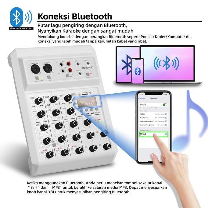 Volk- Morefand Re 405 Mixer Profesional 4 Saluran, Bluetooth, 2 Band Eq, Efek Delay Dan Reverb Campu