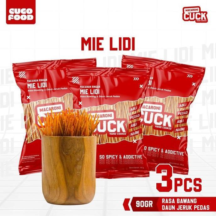 ASLI Macaroni Cuck Mie Lidi Pedas Daun Jeruk Kemasan Reg 80 Gr x 3 Pcs Snack Cemilan Gurih Asin READ