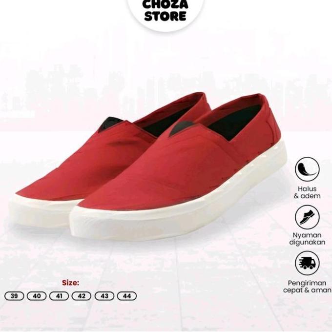 Sepatu Pria Slip On Kanvas Santai Kasual Kuliah Kerja Hitam Merah Navy Denim - Flat, Shoes, Sneakers