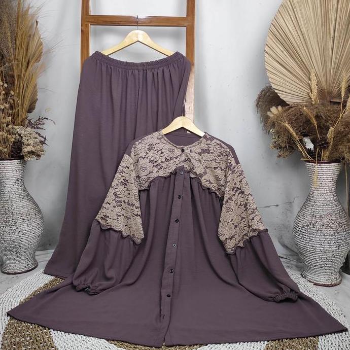 SAHARA ONE SET LD 165CM JUMBO | Setelan Celana Renda Brokat Super Jumbo Full Kancing Crinkle Airflow