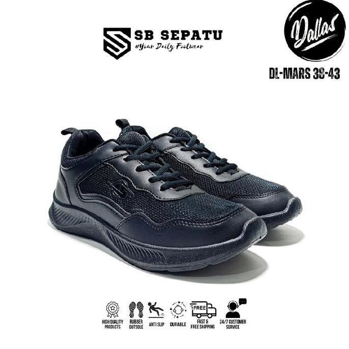 Sepatu DALLAS DL-MARS Tali FULL HITAM || Sepatu Sekolah Cewek Cowok Hitam SMP SMA || Sneakers Fashio