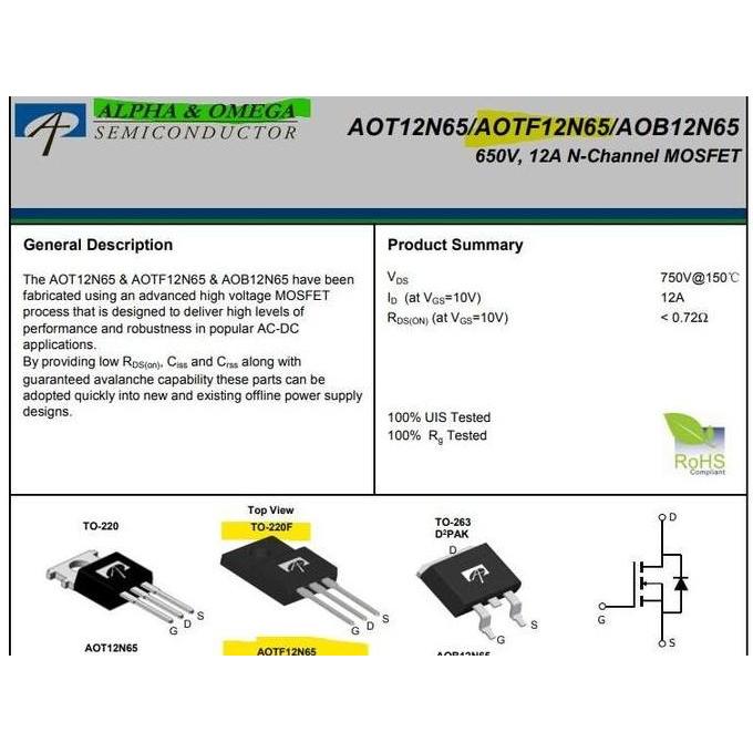 AOTF12N65 650V 12A N-CHANNEL MOSFET 12N65 TF12N65 TO-220F ALPHA OMEGA ORIGINAL