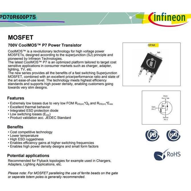IPD70R600P7S 70S600P7 700V 8.5A N-CHANNEL MOSFET TO-252 ORIGINAL