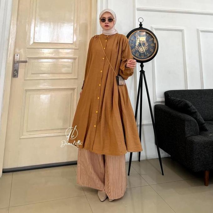 Rachelia Set Kulot Long Tunik Polo Linen Kulot Cotton Stripee One Set Daily One Set Rempel by Diarle