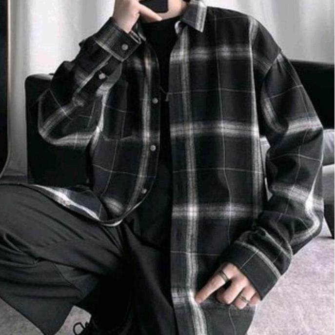 kemeja flanel pria lengan panjang flanel V-Neck Baju Lembut Kain Motif