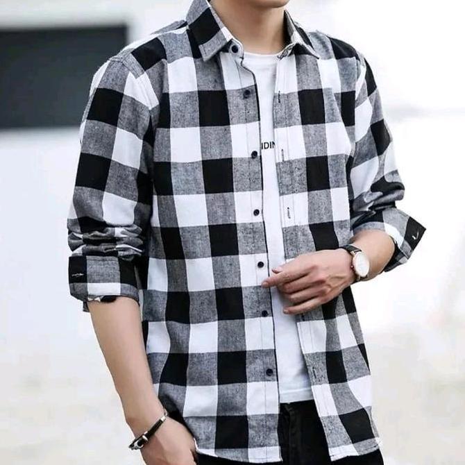 kemeja lengan panjang Hem pria wanita motif kotak kotak