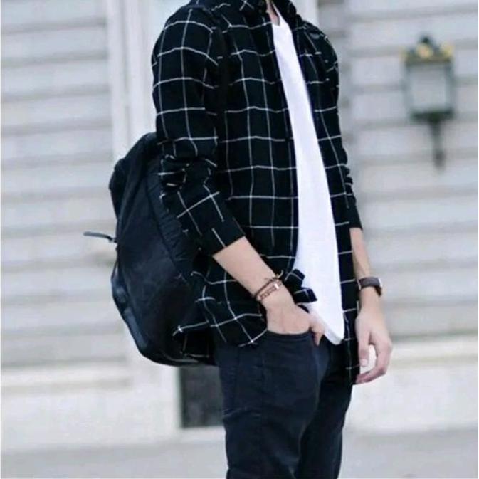 Kemeja Flanel Cowok Cewek Kemeja Kotak liis putih Casual Red Nyaman Panjang Distro Hitam Wanita Navy