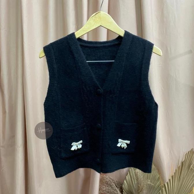 Haseena Vest Knit Shania Rompi Saku Pita Outer V Neck RajutHalusWanita