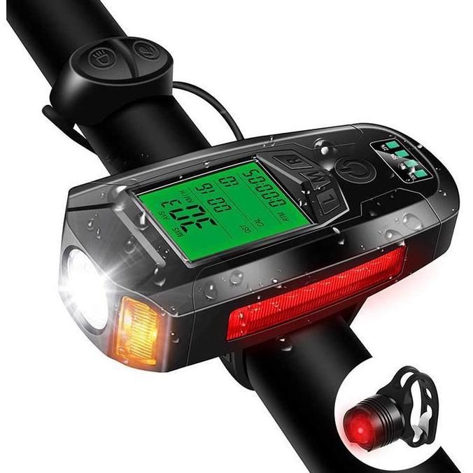 Promo 4 in 1 Lampu Sepeda LED Klakson Bel Speedometer Bike Recharge Anti Air COD