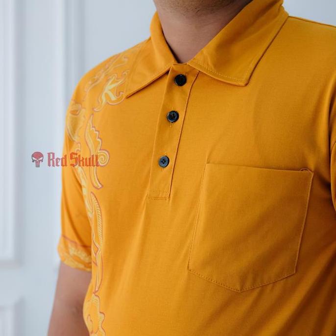 RED SKULL Kaos Kerah Polo Katun Batik Daun Solo Ada Saku Kaos Pendek Baju Pria Dewasa Atasan Distro