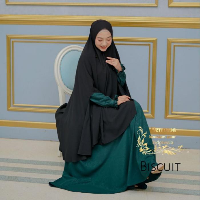 (Terbaru) [Gamis Hermosa] Gamis Embos Hermosa Motif Biscuit Warna Hijau Botol-Gamis Hermosa Motif Bi