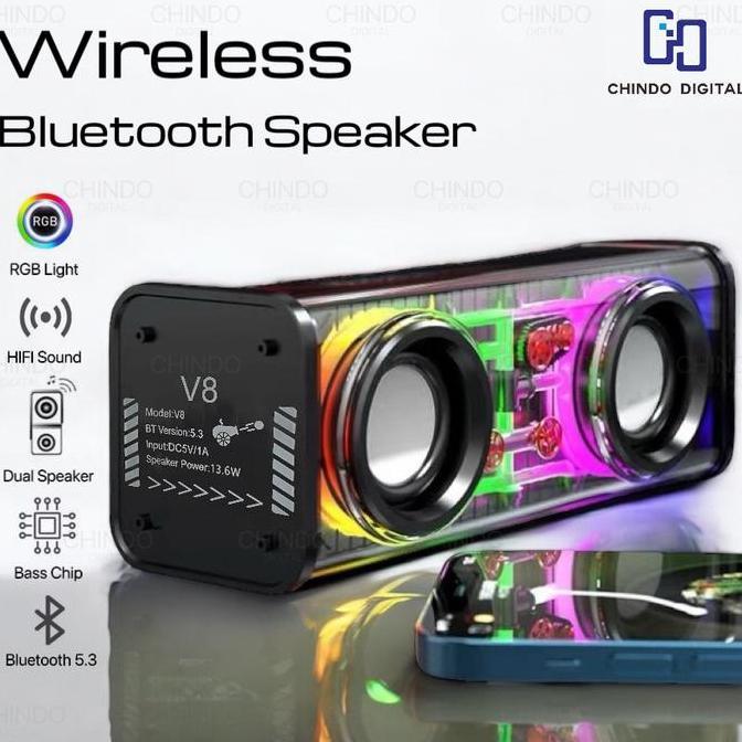 Speaker V8 Bluetooth Double Speaker Transparant Subwoofer Music Speaker RGB LED Light Mecha Speker -
