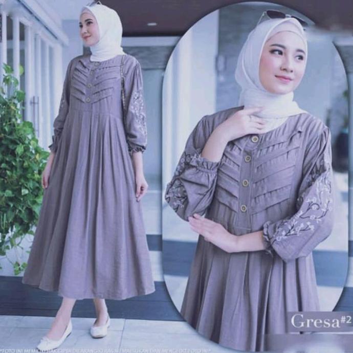 [AF] Gresa Midi Dress Simple Elegan Bahan Katun n Crespo Aplikasi Bordir Hitam Putih Baju Casual Wan