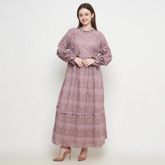 LITUHAYU Aruna Katun Bordir Embroidery Long Dress Cantik Lengan Panjang Dengan Zipper Belakang Wanit