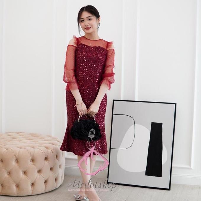 Lace Sleeve Blink Midi Dress Wanita Casual Hitam/Merah/Silver Party dress / gereja natal/ kondangan/