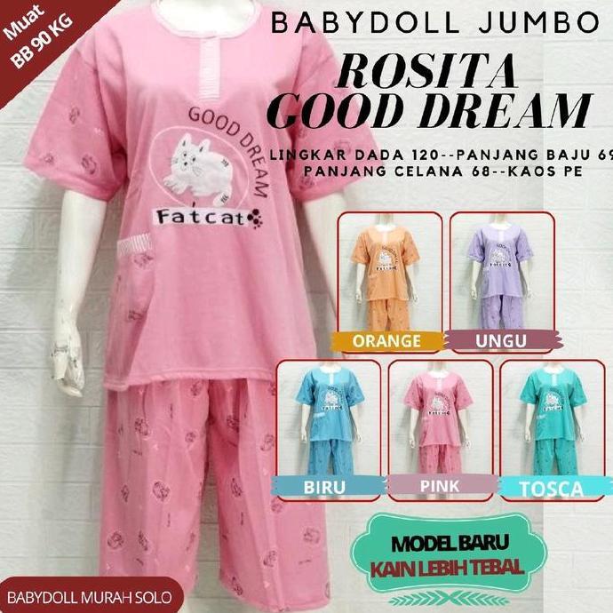 (3/4 Jumbo Kaos Kitty Meow)  Setelan Wanita BabyDoll Baju Tidur/ Piyama Kaos Tebal Celana Pendek Dew