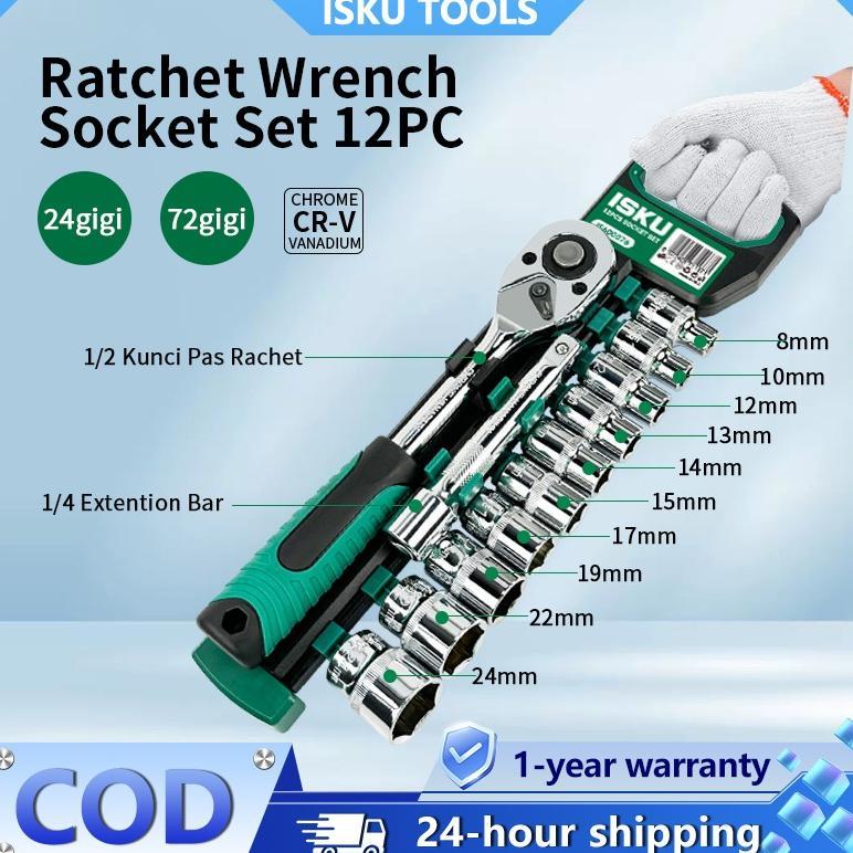 ISKU Gagang Kunci Shock Kunci Shock Set 1/2 Inch Kunci Shock Set 12pcs Kunci Sok Wrench Rachet Kunci