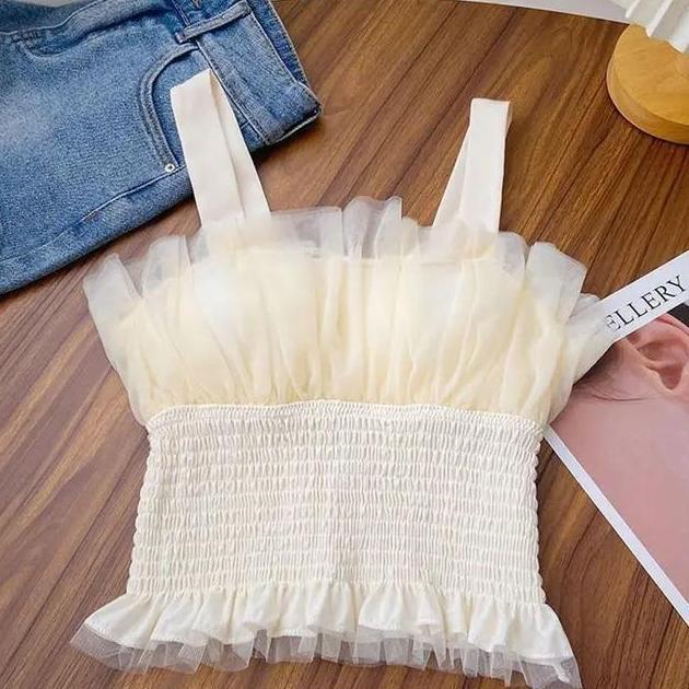 Ceceteteh12 - Comfitstore Und472 Tanktop Atasan Renda Crop Desain Tali Lebar Warna Polos Melar Gaya 