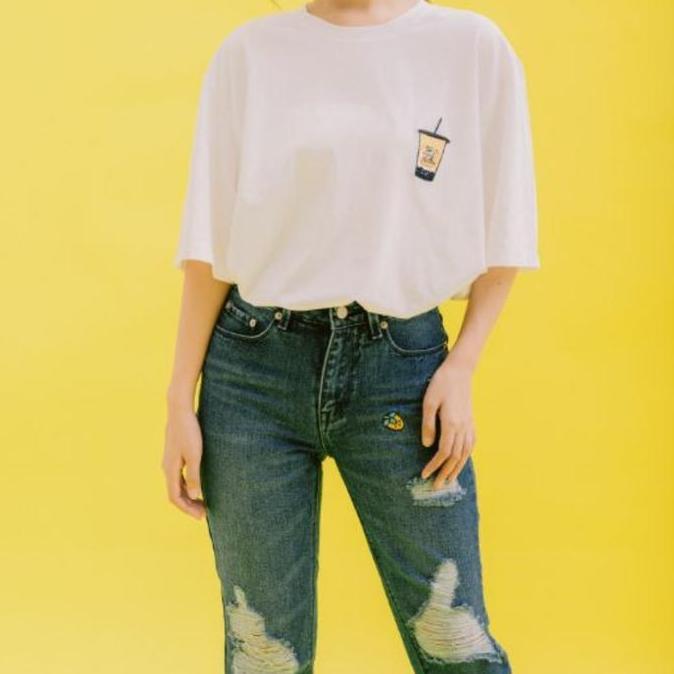 NIKIJEANS X KOKUMI UNICORN Boyfriend Celana Panjang Jeans Denim Sobek Wanita Warna Biru Tua Cewek