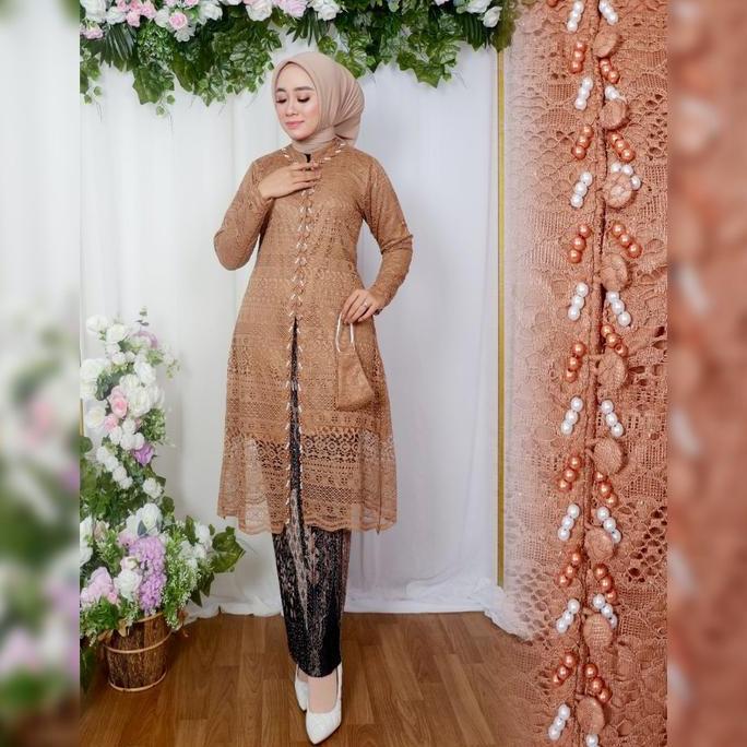 Setelan Kebaya Tunik Kenza Payet Brukat dengan Motif Bunga - Atasan Wanita Model Kancing Busui Frien