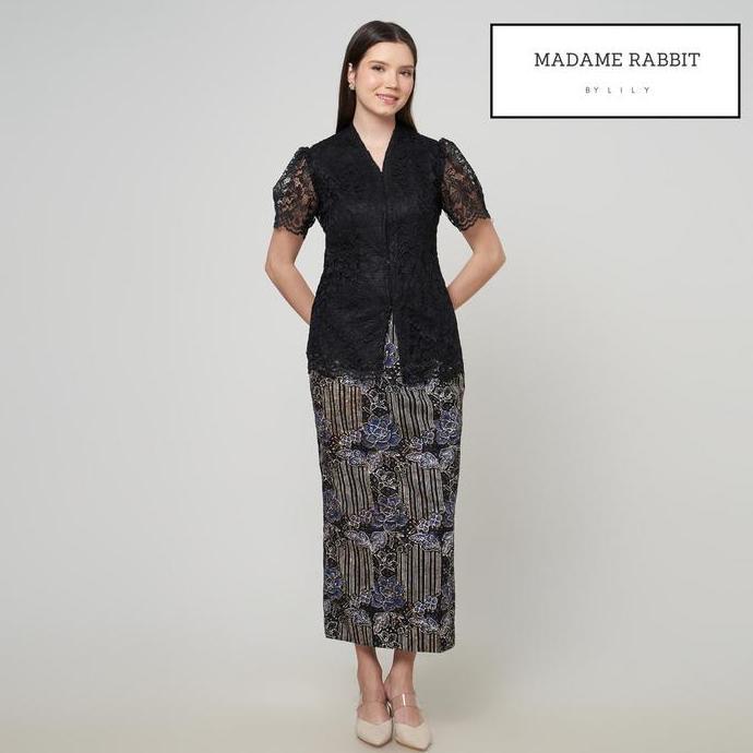 Blouse Kebaya Brokat Modern Madame Rabitt Puff Hitam Lengan Pendek Dress Wanita