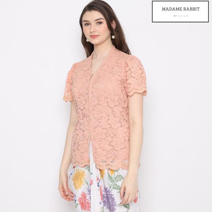 Blouse Kebaya Brokat Puff Peach Baju Pesta Atasan Polos Madame Rabbit Dress Wanita