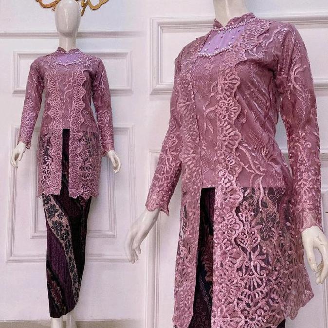 Set Kebaya Modern Brukat Mix Satin dengan Resleting Belakang dan Variasi Payet Handmade - Brokat, Pa