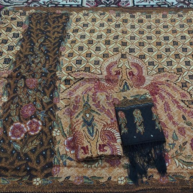 sett kain sarung slendang kemeja pola batik tulissekarjagat biru