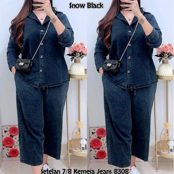 Girlfun- 8308 Setelan Kemeja Jeans 7/8 Wanita |One Set Ld110