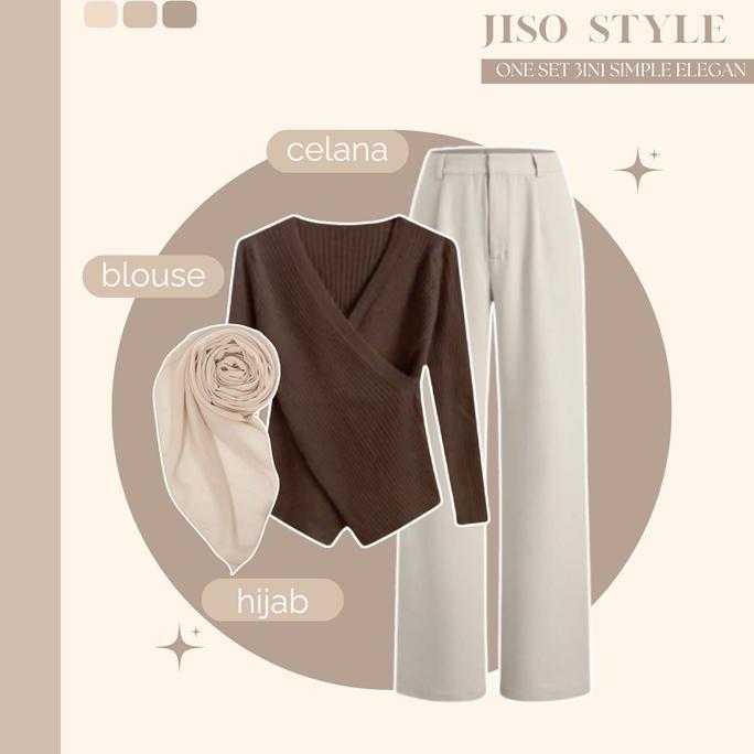 Girlfun- One Set 3In1 Korean Style | Blouse Jiso + Celana Kulot + Hijab | Setelan Remaja Kekinian - 