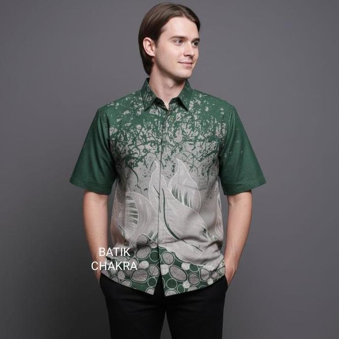 Hem batik pria HIJAU BOTOL lengan pendek bahan katun lapis furing motif terbaru kt15
