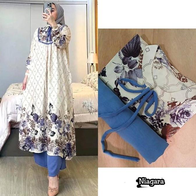 Newrelig- Zb- One Set Milea (Tali Leher) Setelan Tunik Celana Setelan Wanita Baju Wanita Atas Bawah 