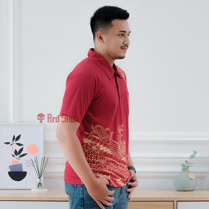 Boyboy- Red Skull Kaos Kerah Polo Katun Batik Burung Batik Solo Ada Saku Kaos Pendek Pria Baju Dewas