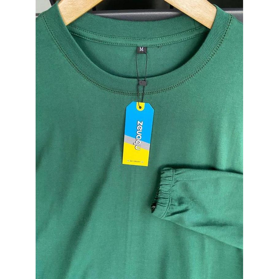 Ready Atasan Kaos Tunik Muslim Wanita Warna Hijau Botol Polos Lengan Karet Panjang Bahan Katun Combe