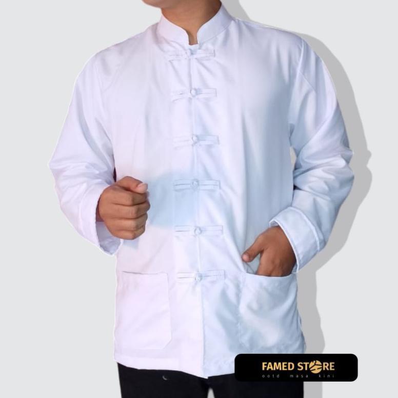 Baju Cheongsam Putih Atasan Pria Cina Lengan Panjang