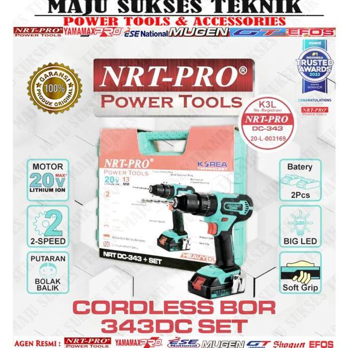 Promo Mesin Bor Cordless Drill Baterai, Bor Tangan NRT-PRO 343DC SET 13mm Diskon