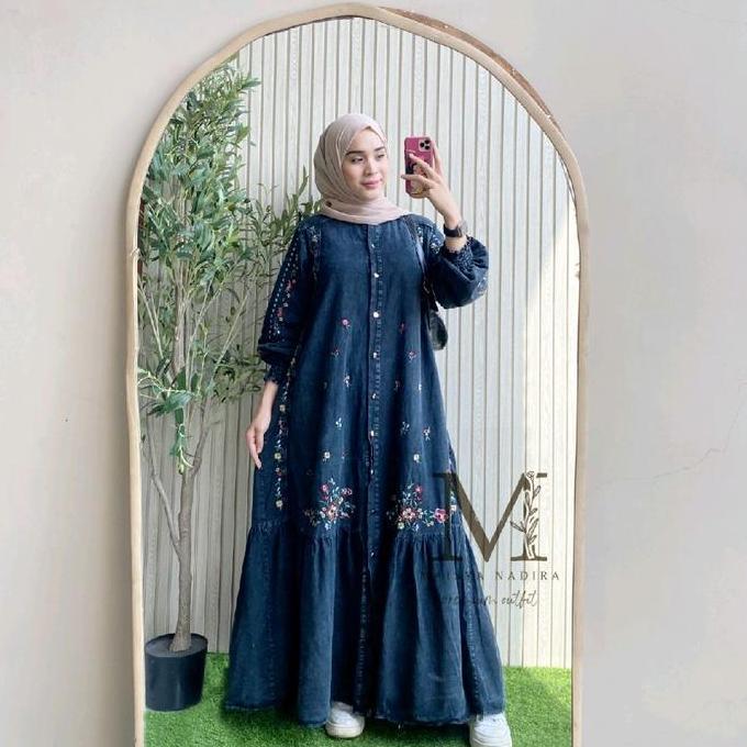 Regreg- Dress Maxy Gamis Soft Jeans Washed Wanita Muslim Cantik Dengan Aksen Bordir