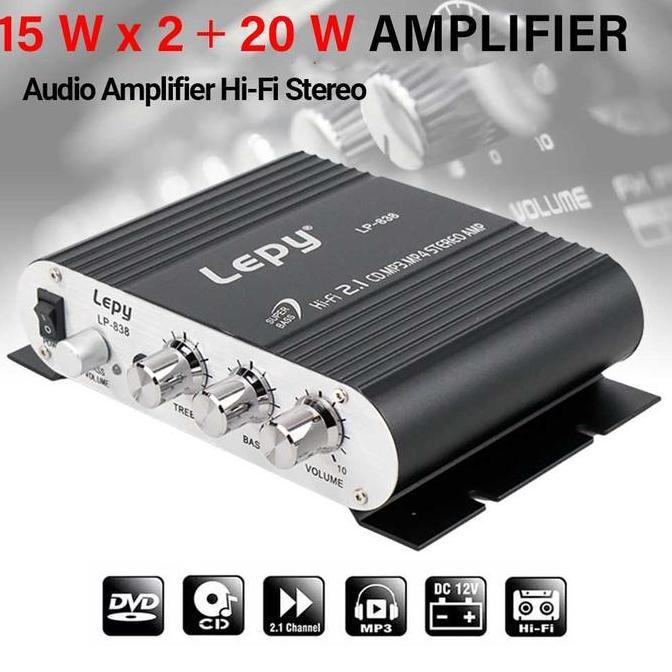 Lepy HiFi Stereo Amplifier Treble Bass Booster LP-838 Adaptor Aluminium Equalizer 15W x 2 20W x 1 In