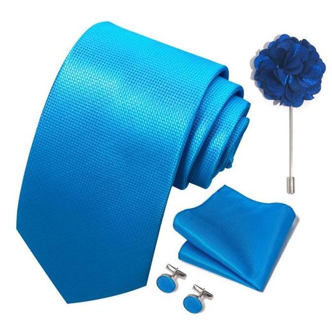 KIAMA - Dasi Set Formal Batik Biru Muda Sky Biru Navy Dongker Biru Tua Cufflink Saputangan Jas Ready